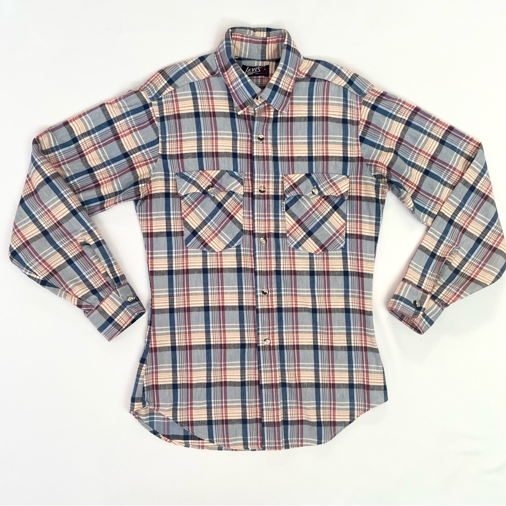 Vintage 70s Levi's Shirt Men's Medium Plaid Regular Fit Button Down Long Sleeve